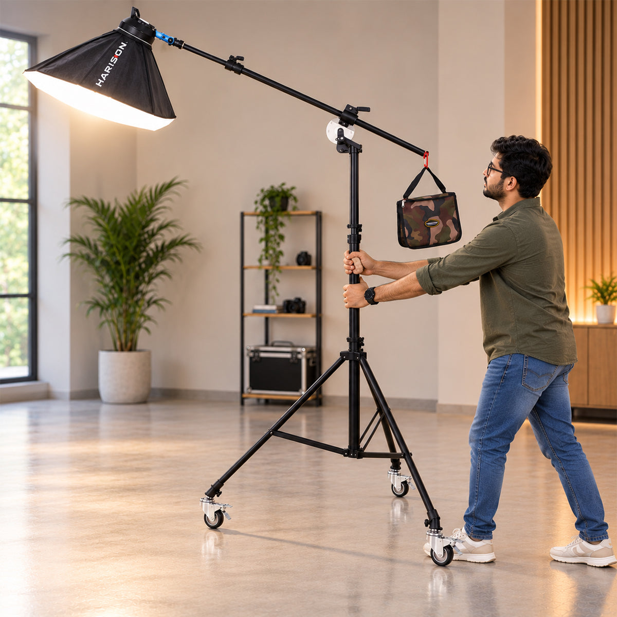 desc: The Harison Lite On Clamp and the Harison Bahubali Boom Stand create an efficient overhead lighting solution. Equipped with Skater 22 wheels, the setup offers effortless mobility, flexible positioning, and convenient portability for professional studio lighting.