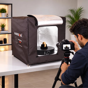 desc: The HARISON Photo Box, paired with the HARISON SpinPro 300 rotary table, creates professional 360° product videos. Its reflective interior delivers even, colour-corrected lighting, minimising shadows and enhancing product details for consistent, high-quality results. 