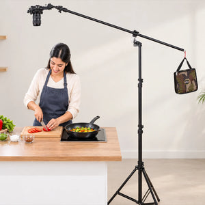 desc: The Harison Lite On Clamp paired with the Harison Bahubali Boom Stand creates a sturdy, adjustable, and portable overhead camera setup. Ideal for cooking videos, unboxing, digitisation, and tutorials, it ensures convenient top-down shooting, hands-free operation, and professional-quality recording with minimal space requirements.