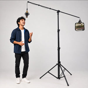 desc: The HARISON MiniTower AC Light Stand paired with the HARISON Boom Arm Mini transforms into a versatile, professional microphone stand. Its adjustable height, extended boom reach and stable tripod base provide flexible microphone positioning—ideal for singers, podcasters, voice artists and content creators seeking a reliable, space-efficient studio solution.
