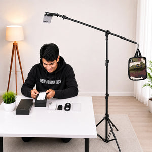 desc: The OH1 setup enables you to set up a compact, stable overhead setup for unboxing photography and videography. The HARISON Boom arm (Mini) positions the phone / camera directly above the table, capturing products, hands, and details clearly without obstructing the workspace.